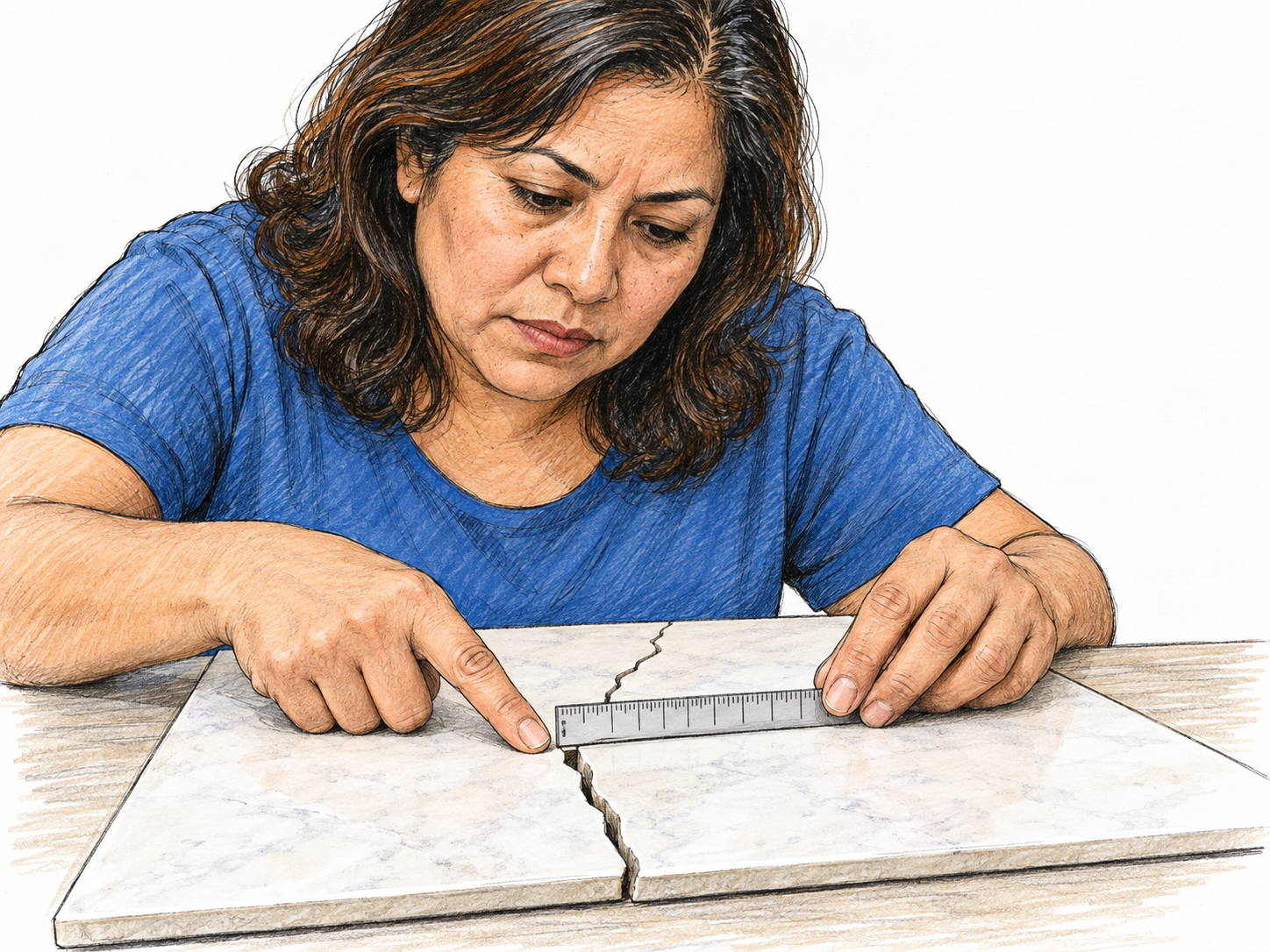 A plainly visible crack in a white ceramic tile is both noticed and measured: a woman points at the dark gap while holding a small ruler across it.