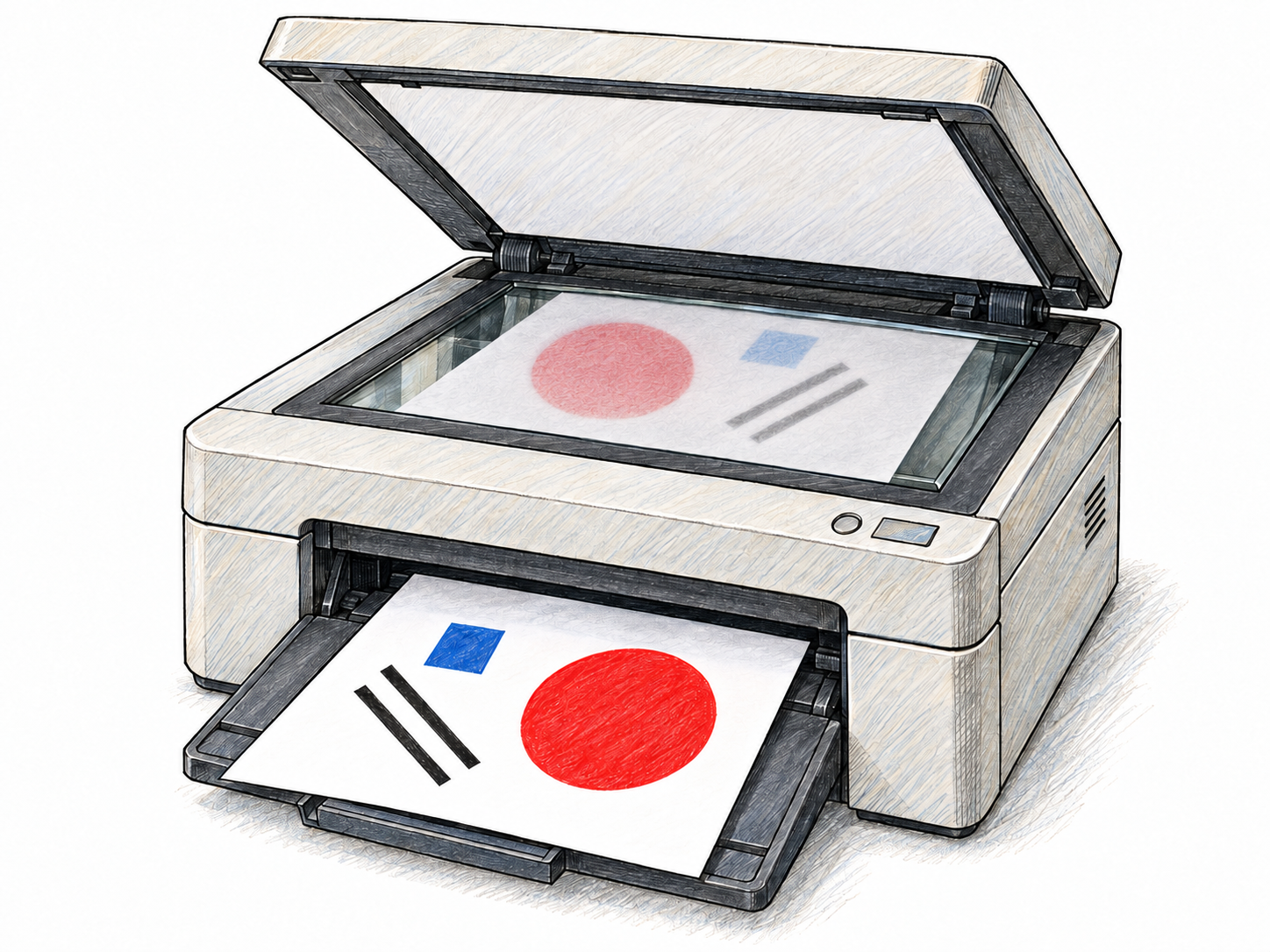 A compact photocopier produces an exact duplicate of a distinctive geometric picture, with the original visible on the scanner glass and the matching copy emerging into the output tray.