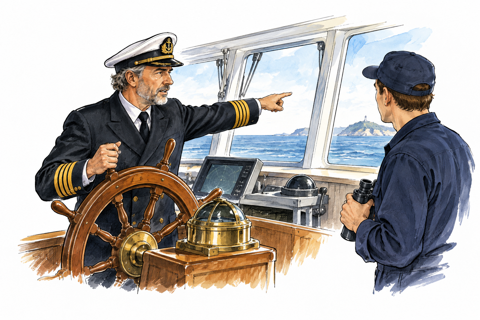 A contemporary ship captain at the wheel directing a crew member on the bridge, captain's rank shown by plain gold sleeve stripes, no labels or words.