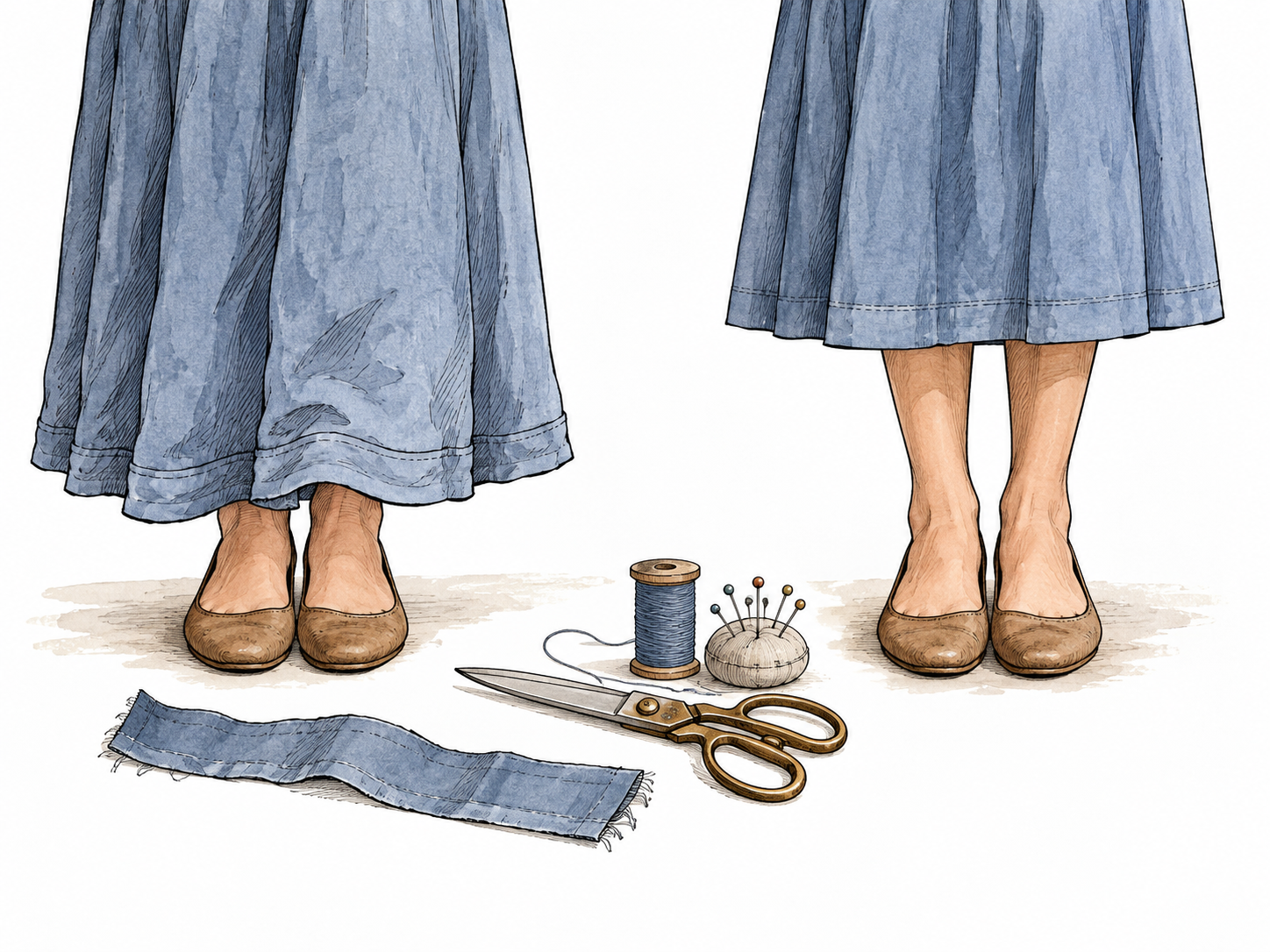 Before and after dress hem shortened neatly, scissors and sewing thread.