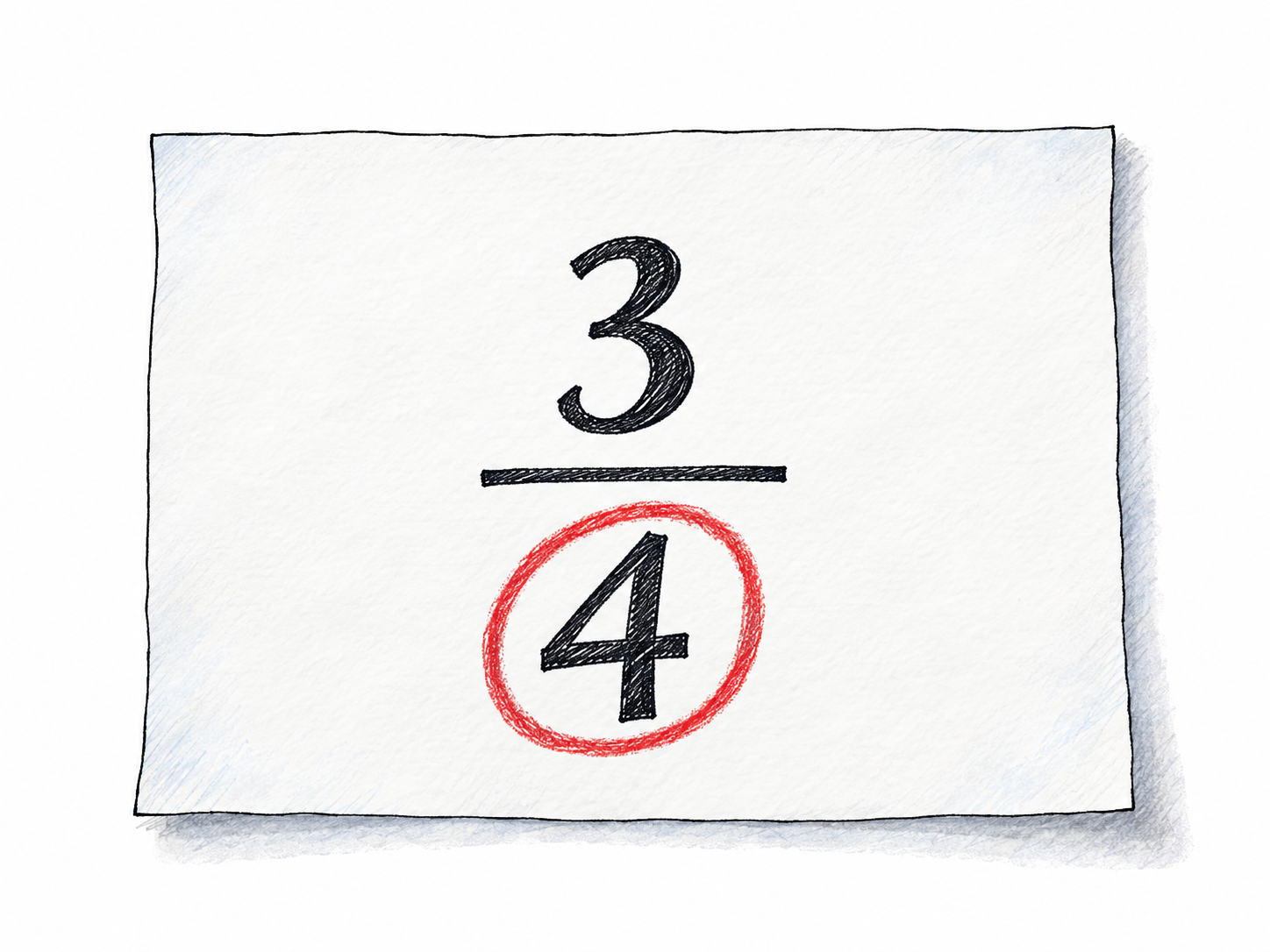 A large handwritten stacked fraction 3/4 on a plain sheet, with the bottom numeral 4 distinctly circled in red colored pencil.