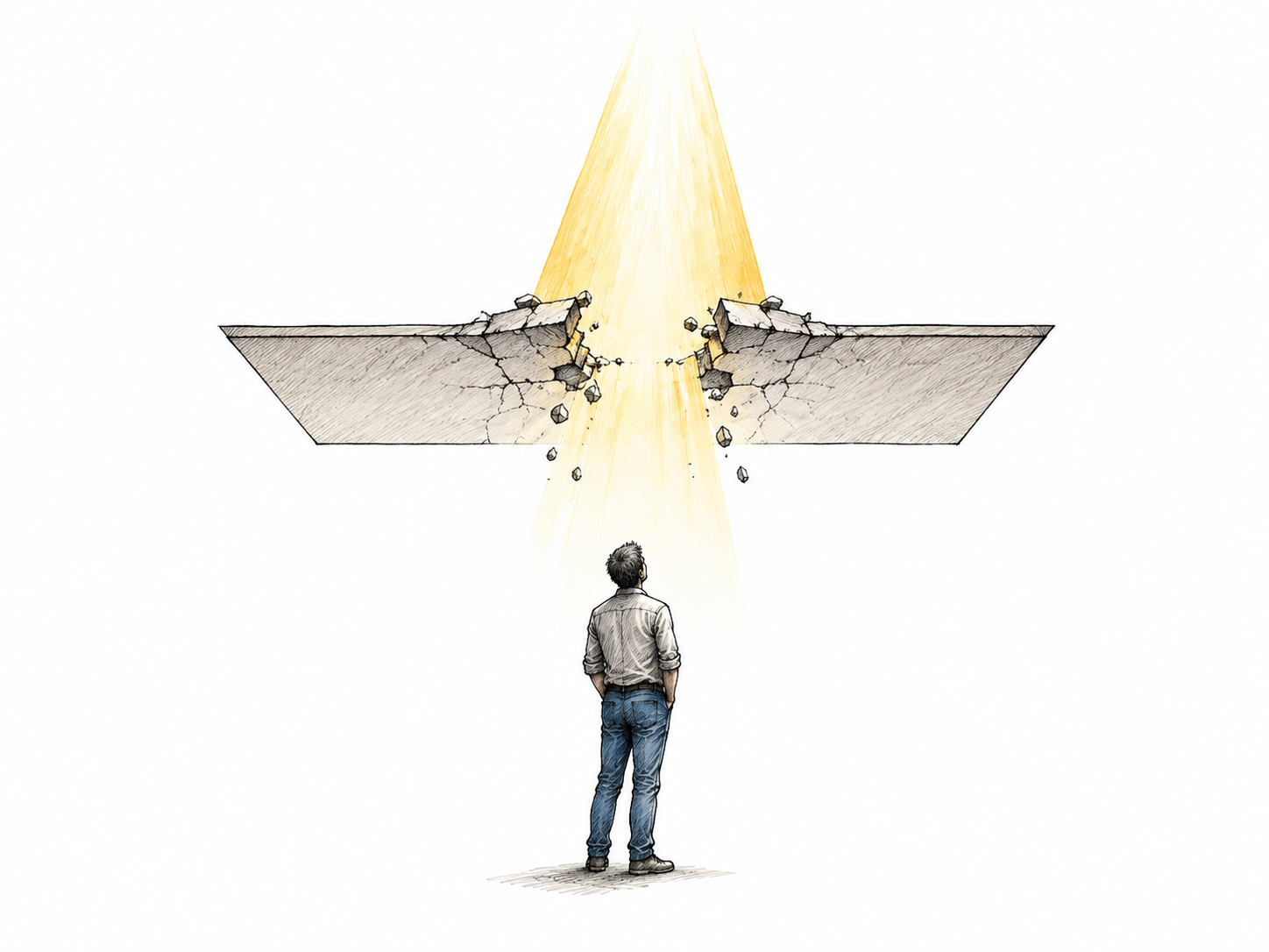 Small solitary golden beam of light rises beyond ordinary outlined ceiling boundary into open white, tiny contemplative human silhouette below conveys surpassing bounds without literal floating person; restrained symbolic editorial drawing.