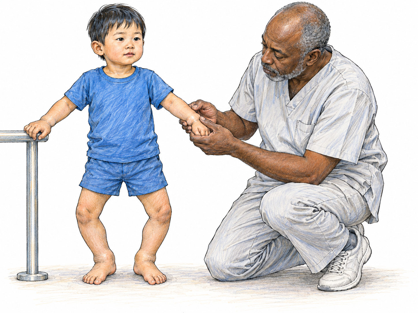 A pediatric examination makes several characteristic signs of rickets visible together: a three-year-old child's bowed legs, enlarged ankles, and widened wrists.