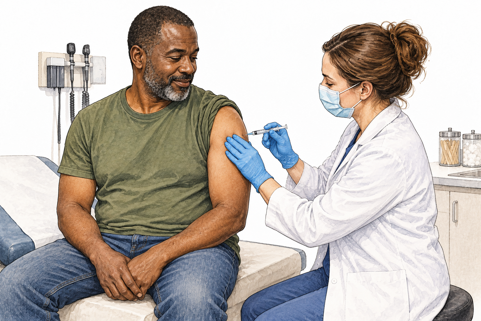 A clinician administers a routine vaccine into an adult patient's upper arm, calm ordinary clinic, realistic safe anatomy, no blood or written labels.