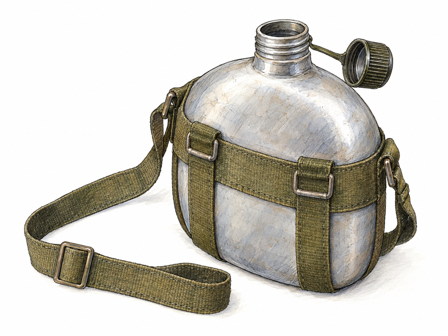 A compact, flattened oval water canteen with a screw cap, attached cap tether, and practical shoulder strap, shown alone in three-quarter view.