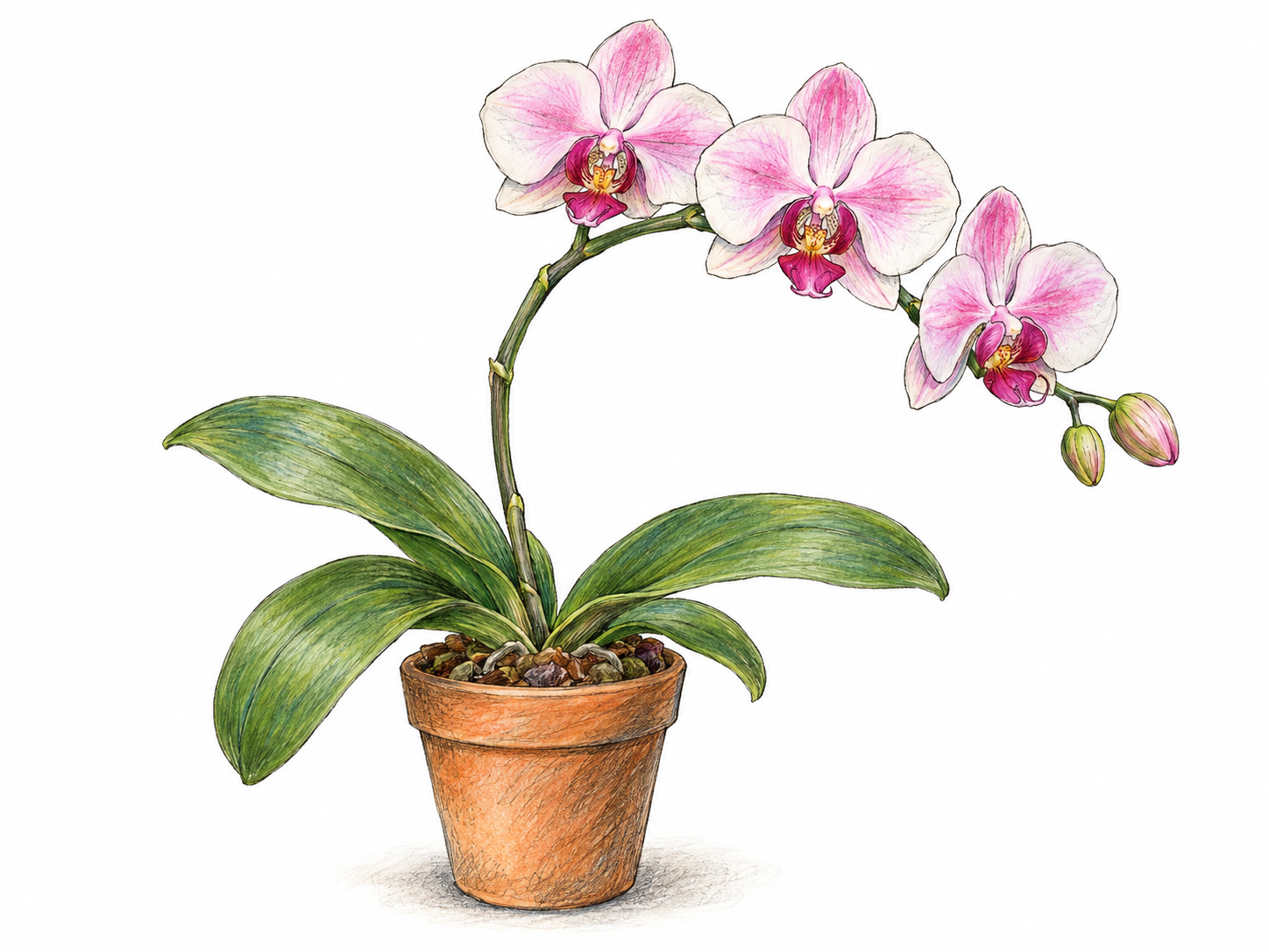 A single potted orchid with broad green leaves and an arching stem bearing several showy pink-and-white blooms, their distinctive projecting lips clearly visible.