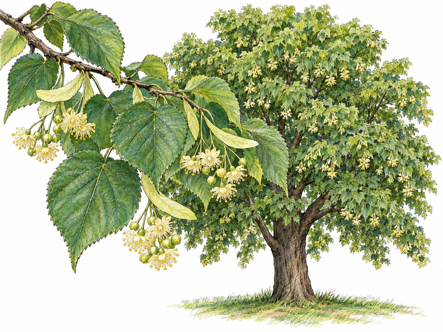 A flowering linden tree with a low branch extending into the foreground, making its heart-shaped leaves and clusters of pale flowers clearly visible.