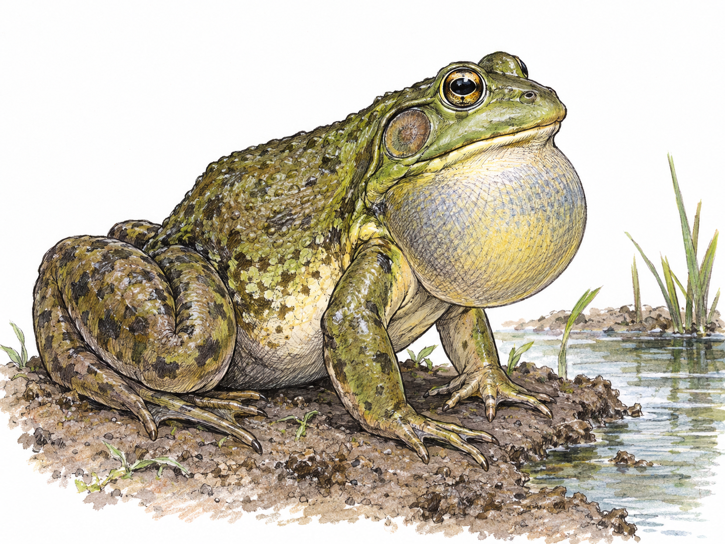 A male bullfrog actively calling at the water’s edge, its throat vocal sac visibly inflated.