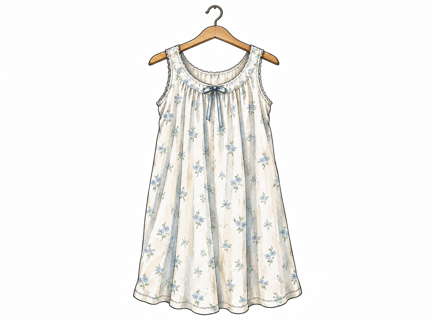 A modest loose cotton nightdress displayed on a wooden hanger, no person.