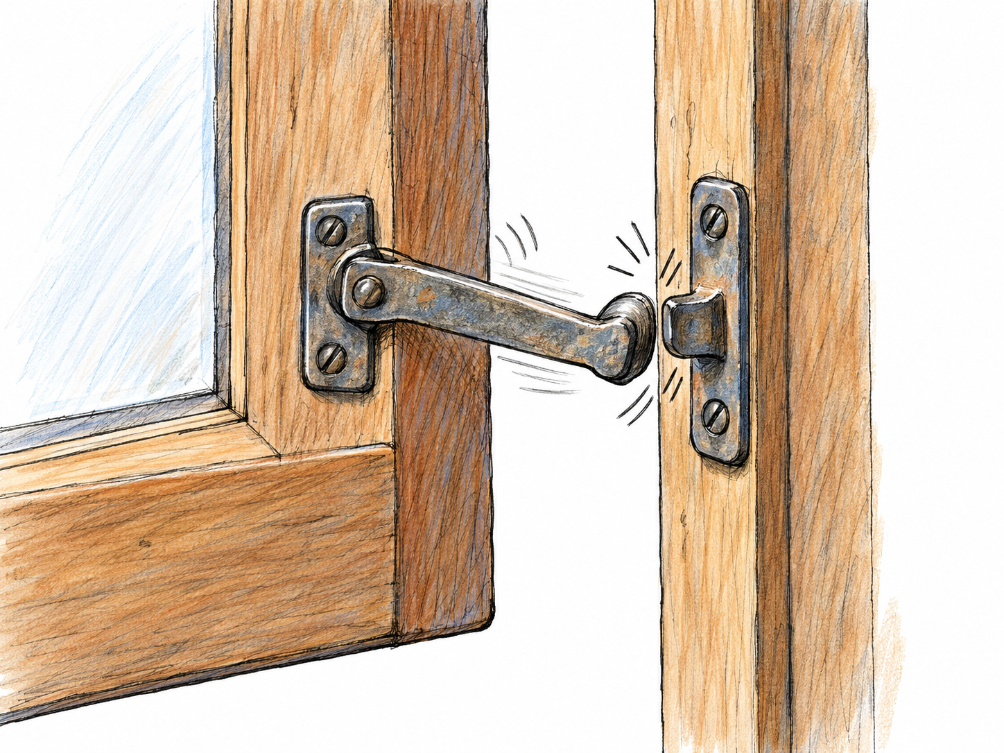 A loose metal window latch vibrates against its keeper as a partly open casement moves in a breeze, making repeated sharp knocks.