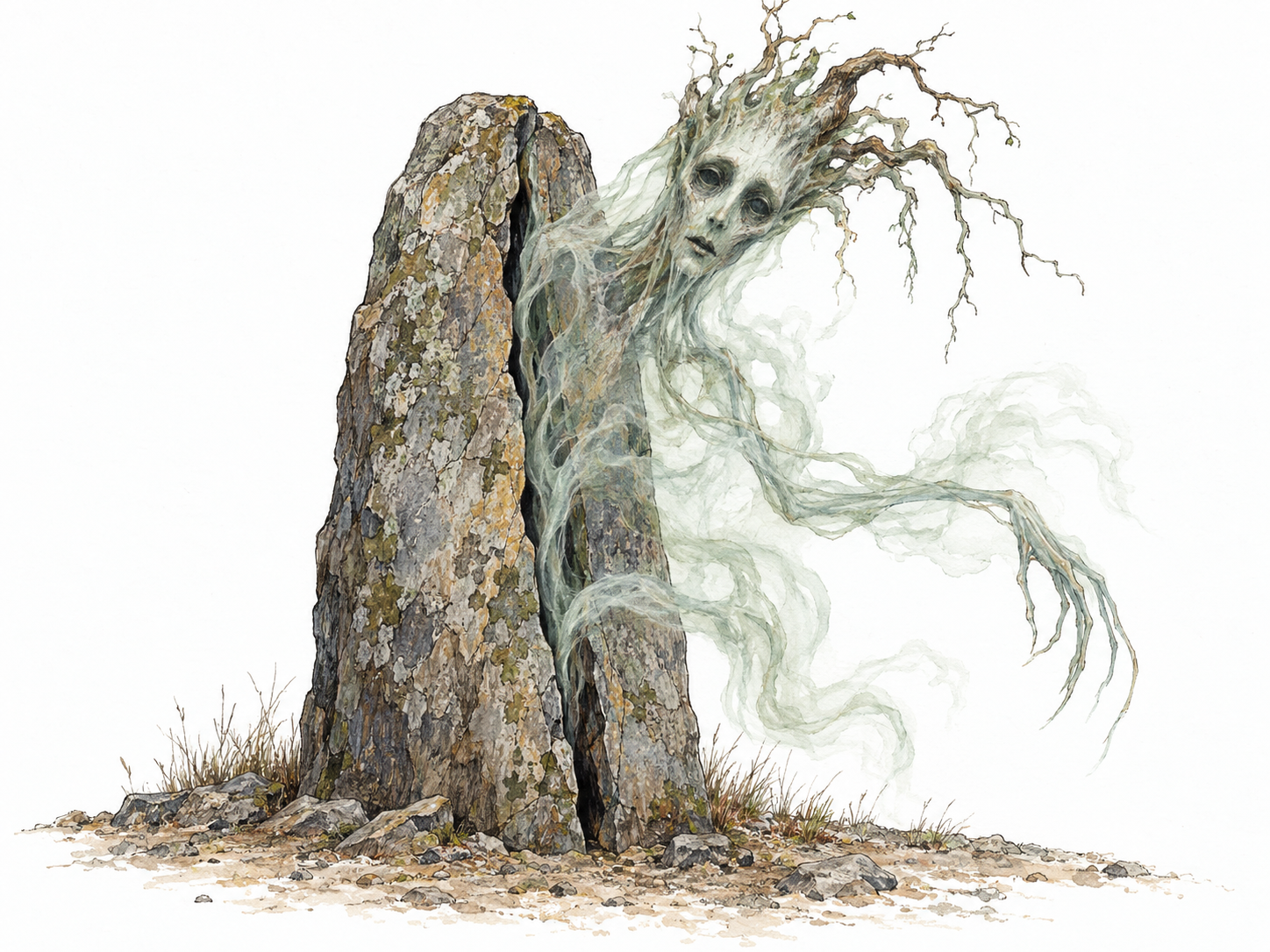 An eerie, nonhuman apparition emerges from a narrow fissure in a weathered standing stone: a translucent, elongated face with hollow eyes and branching, rootlike limbs that dissolve into pale mist.