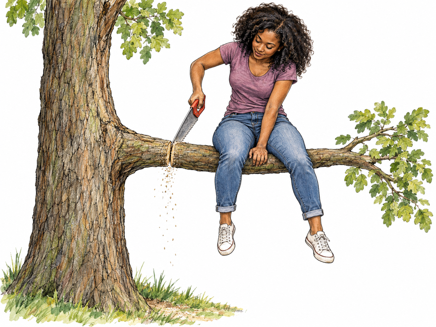 A woman foolishly saws through the very tree branch supporting her, with the cut positioned between her seat and the trunk.