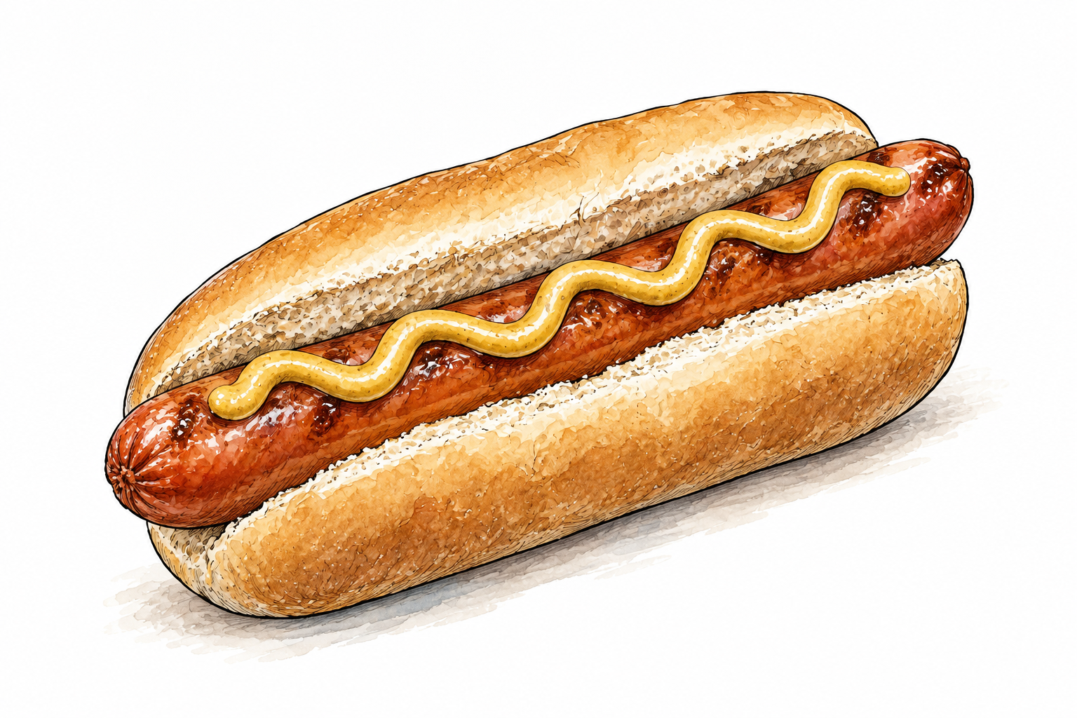 A frankfurter sausage in a long bread bun with a modest mustard line.