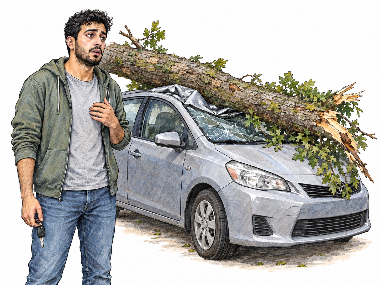 A man stands stupefied beside a parked car crushed by a fallen tree limb: his hand hangs slack with the car keys, his mouth is slightly open, and his gaze is fixed blankly on the wreck.