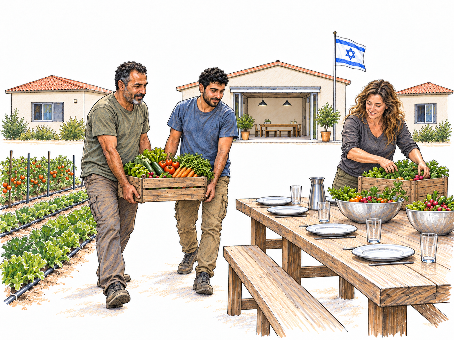 An Israeli kibbutz shown as a compact communal farming settlement: residents bring a shared vegetable harvest from adjacent cultivated rows to a common dining table, with matching modest homes nearby and a small Israeli flag establishing the country.