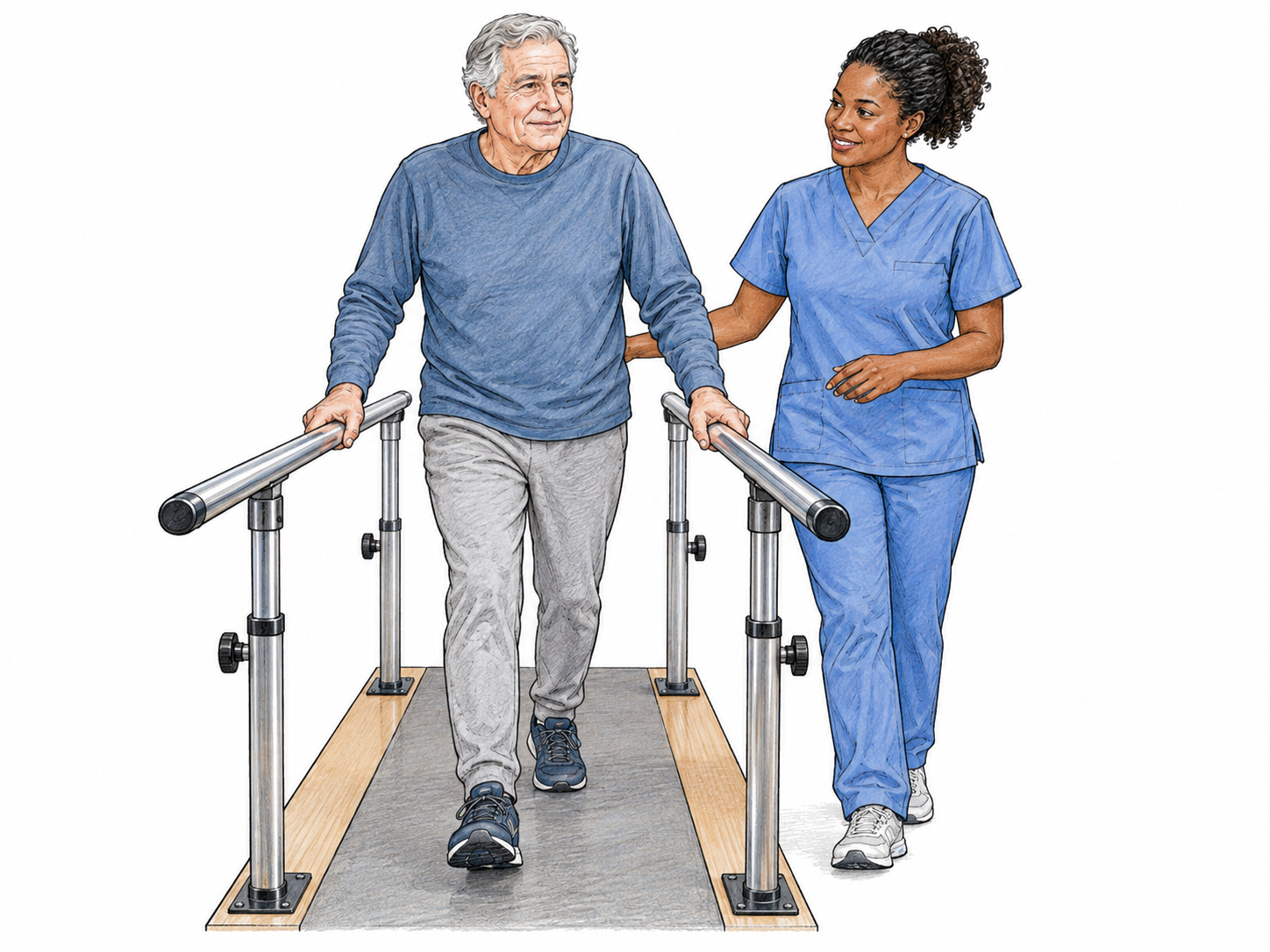A rehabilitation patient walks with a physiotherapist nearby along parallel bars, both feet in a plausible gait phase; walking ability, no claimed diagnosis.