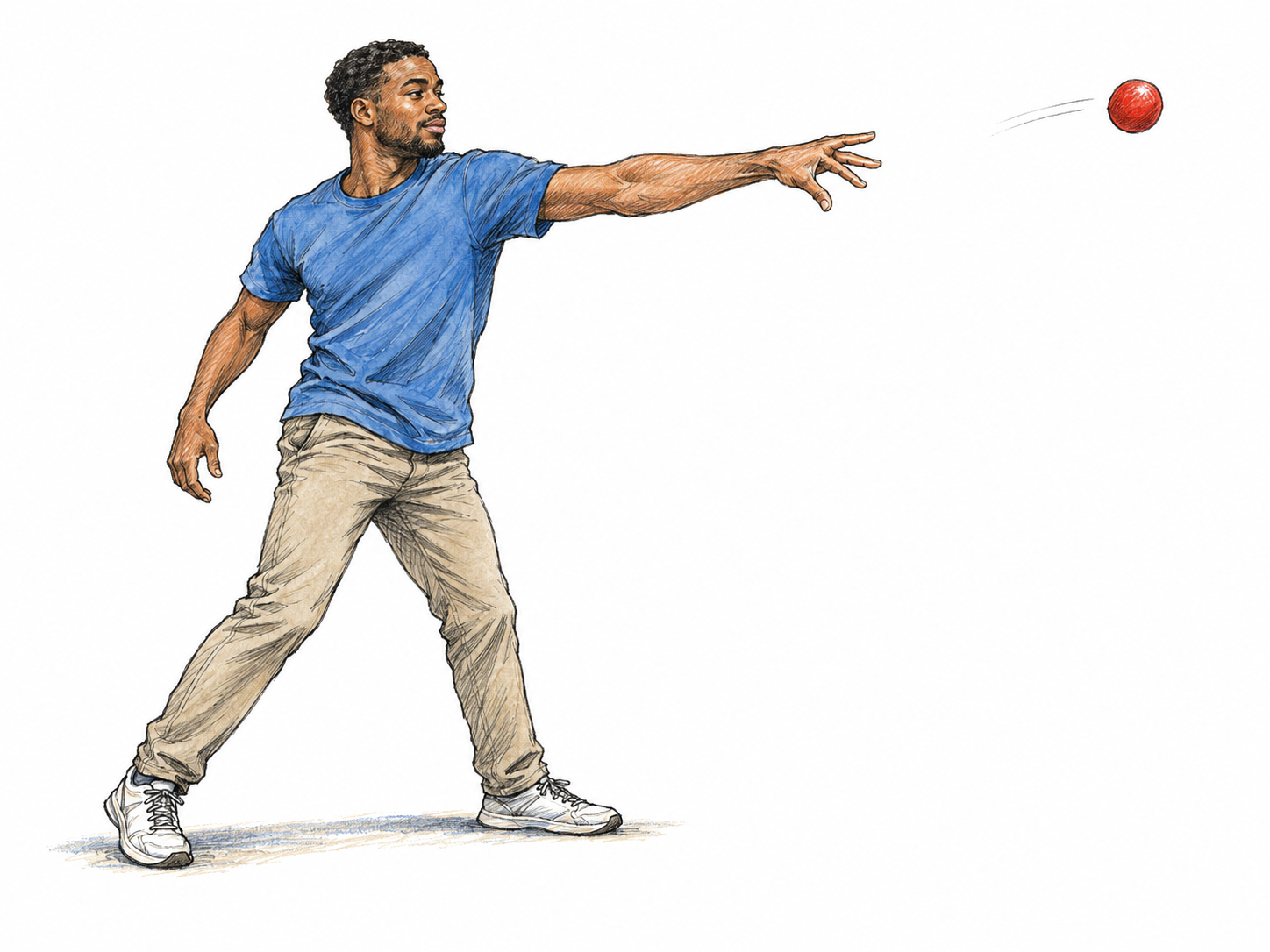 A young adult Black man throws a small red ball, shown just after release with his hand extended and the ball clearly airborne.