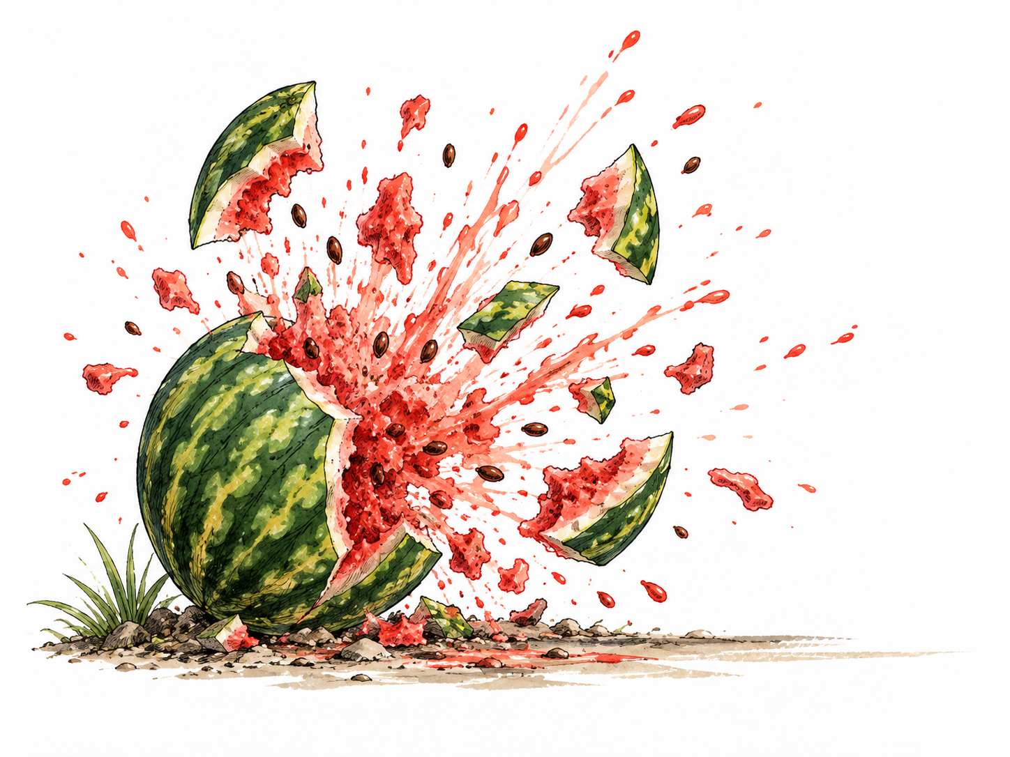 A ripe watermelon bursts outward into flying rind pieces and juice in an empty outdoor setting.