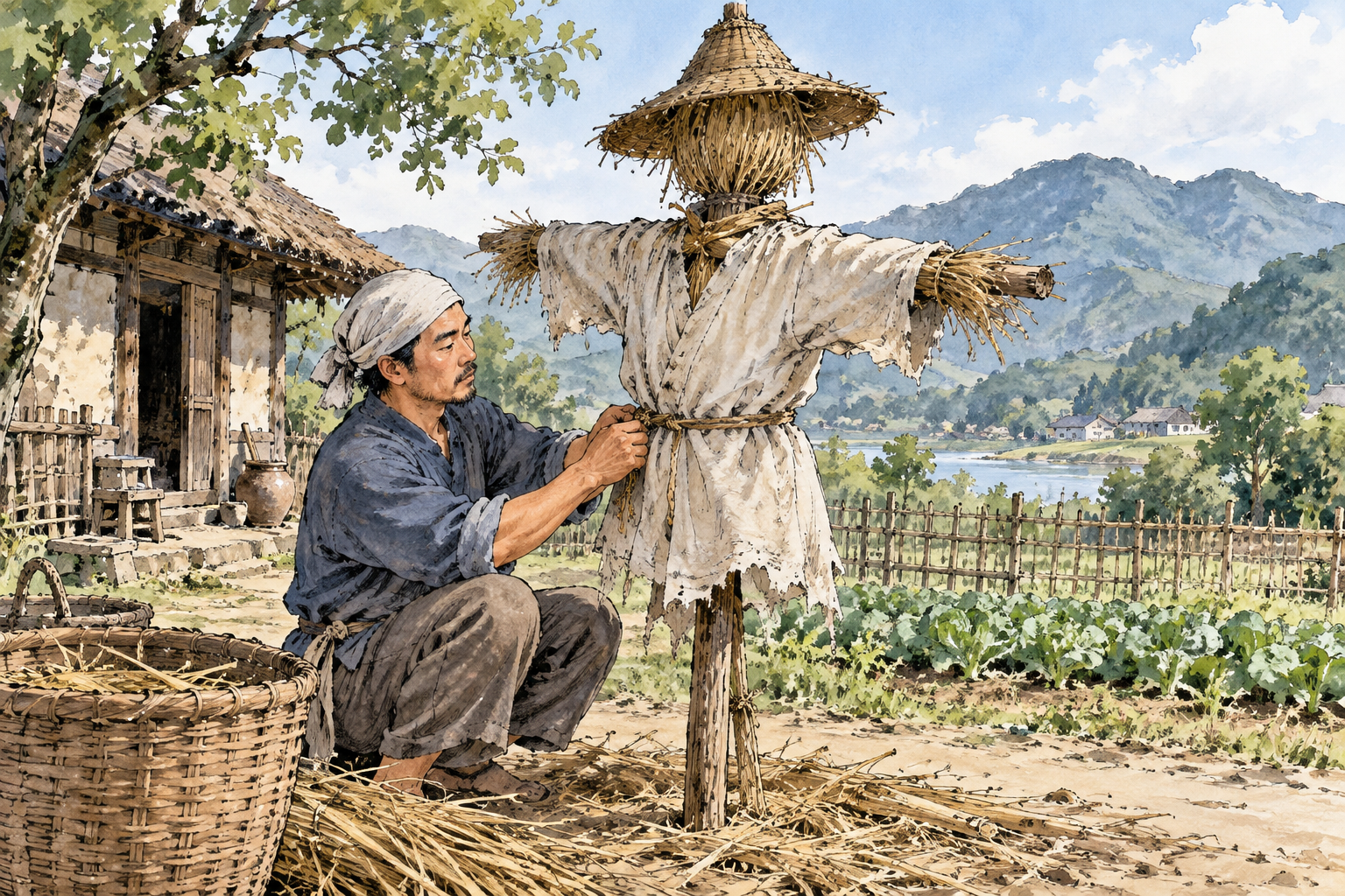 A rough straw-and-cloth effigy shaped like a person on a wooden support in a rural yard, crude figure, no burning or violence.