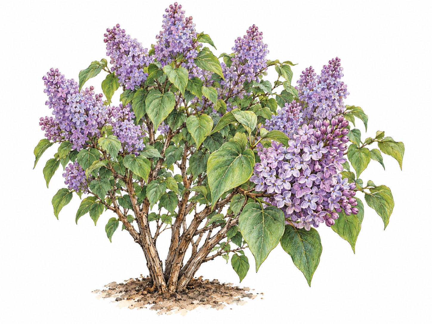 A flowering lilac shrub with woody branching stems, fresh heart-shaped green leaves, and abundant pale-purple flower clusters; a foreground branch makes the tiny four-lobed blossoms clearly visible.