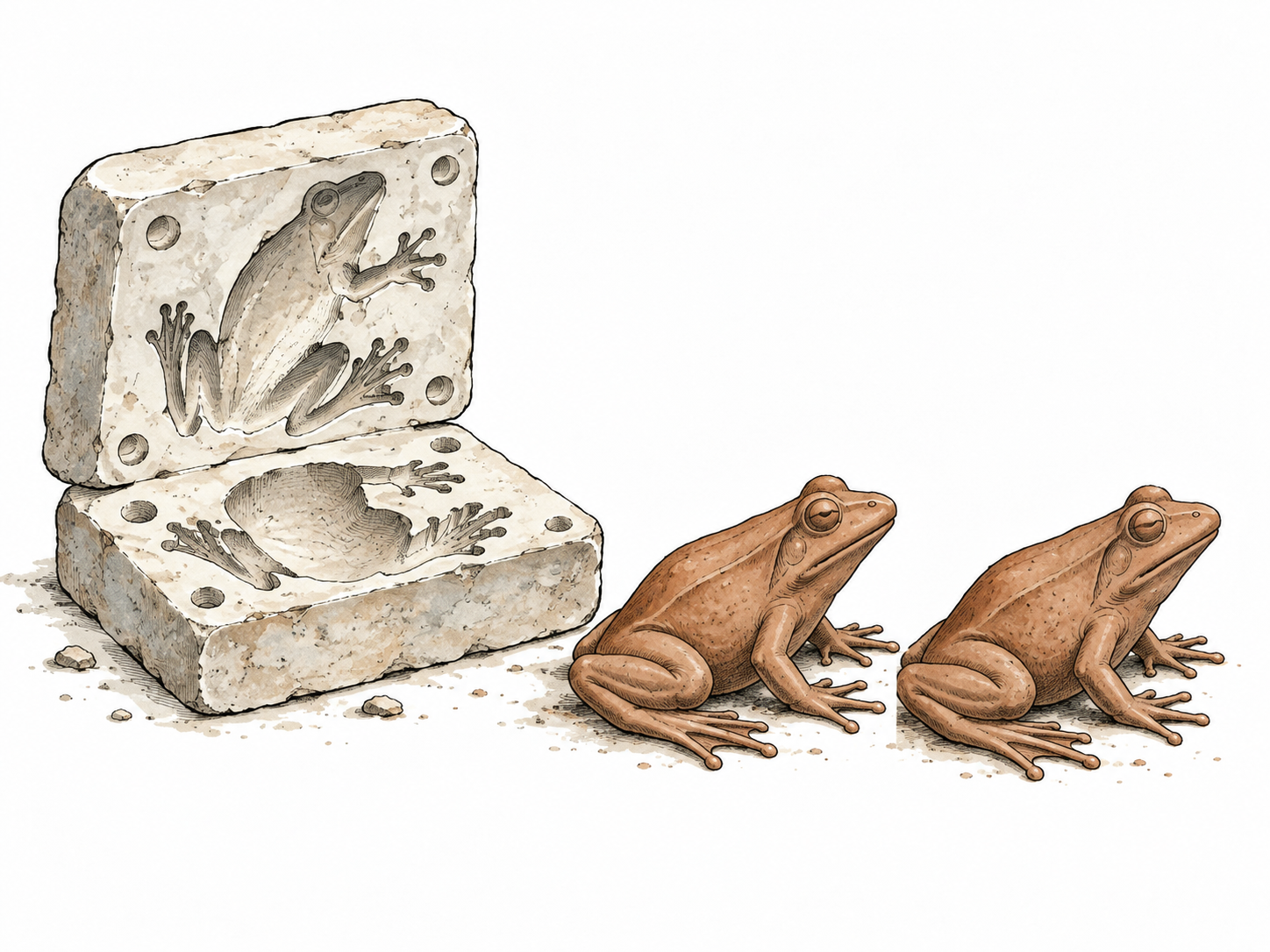 Two precise identical clay casts sit beside the mold that produced them.