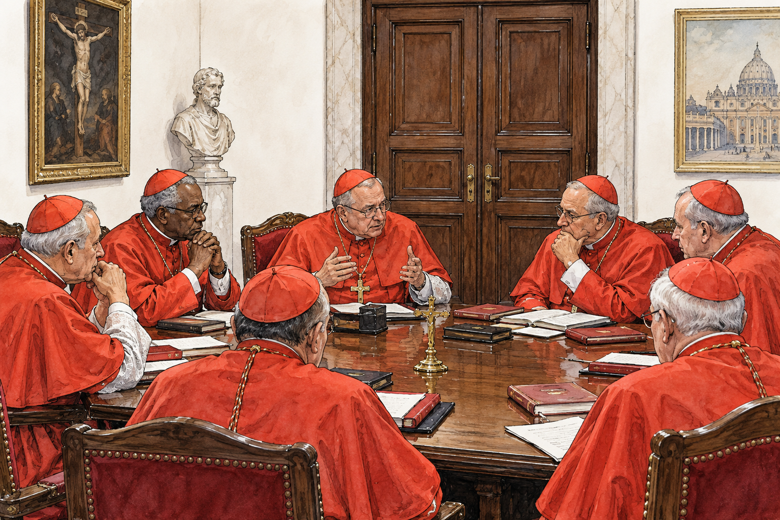 Cardinals in red robes seated around table inside closed meeting room for private papal election, doors visibly closed.