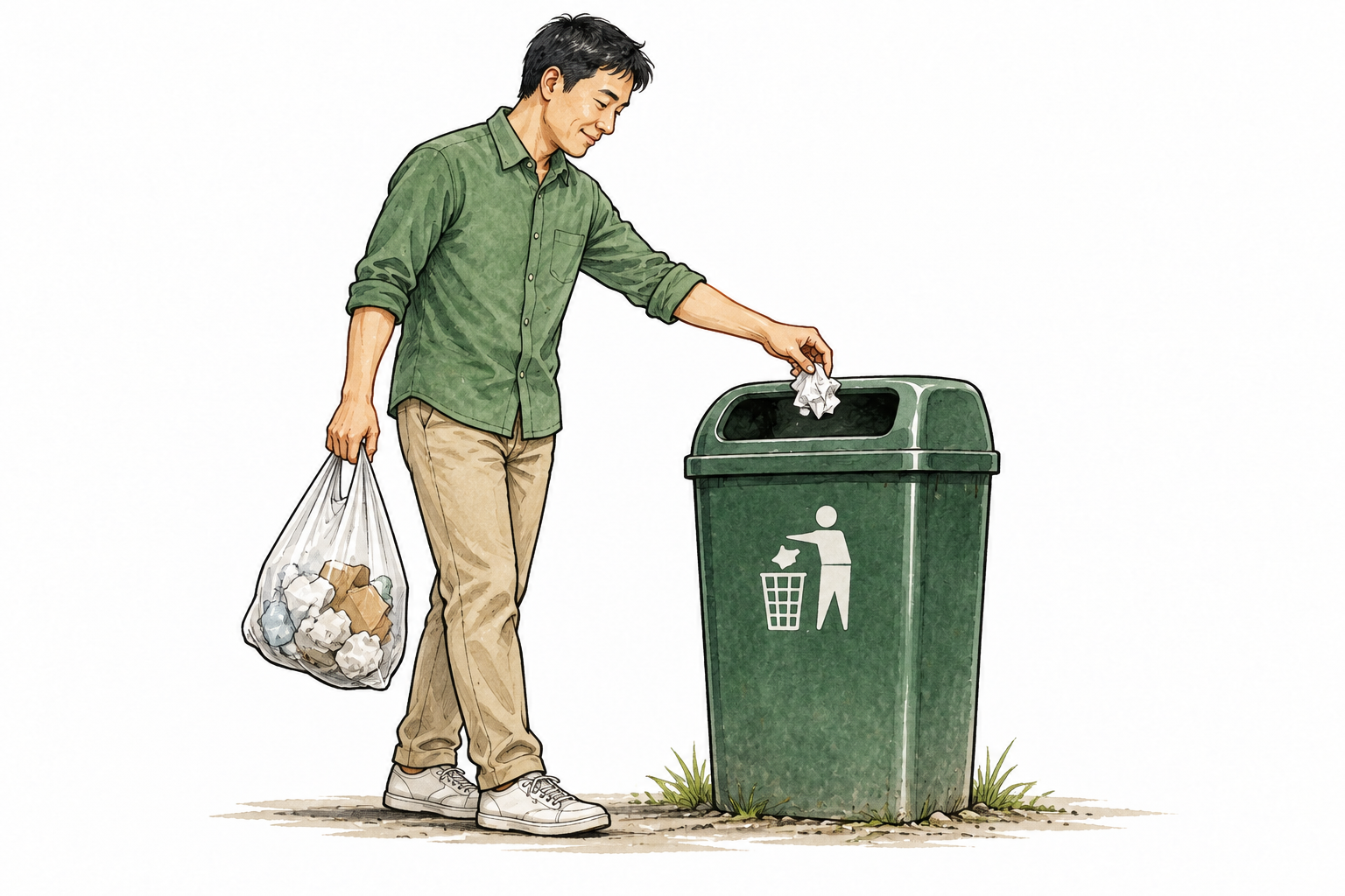 An East Asian adult places rubbish into a proper waste bin, getting rid of unwanted material.