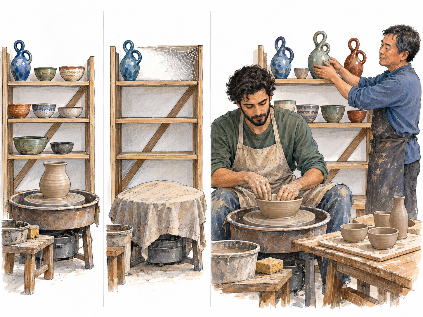 A compact three-stage sequence shows pottery flourishing, falling into disuse, and flourishing again with new makers and inventive new work.