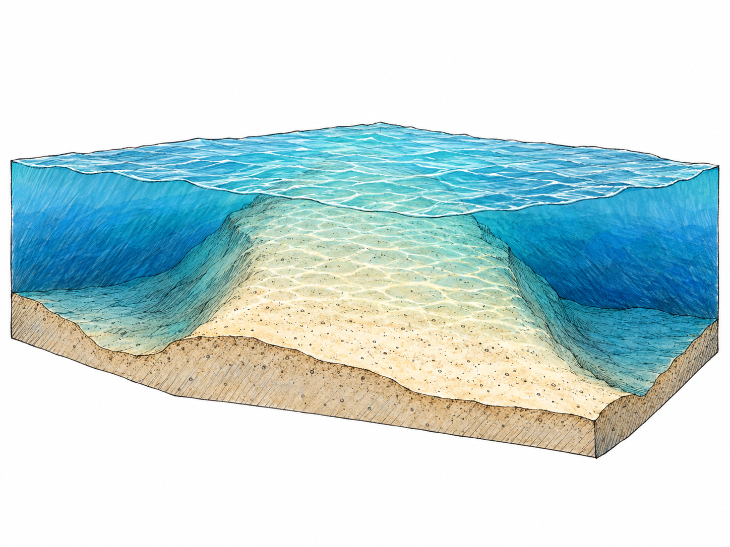 An isolated underwater sand ridge rises close to the surface within deeper water.
