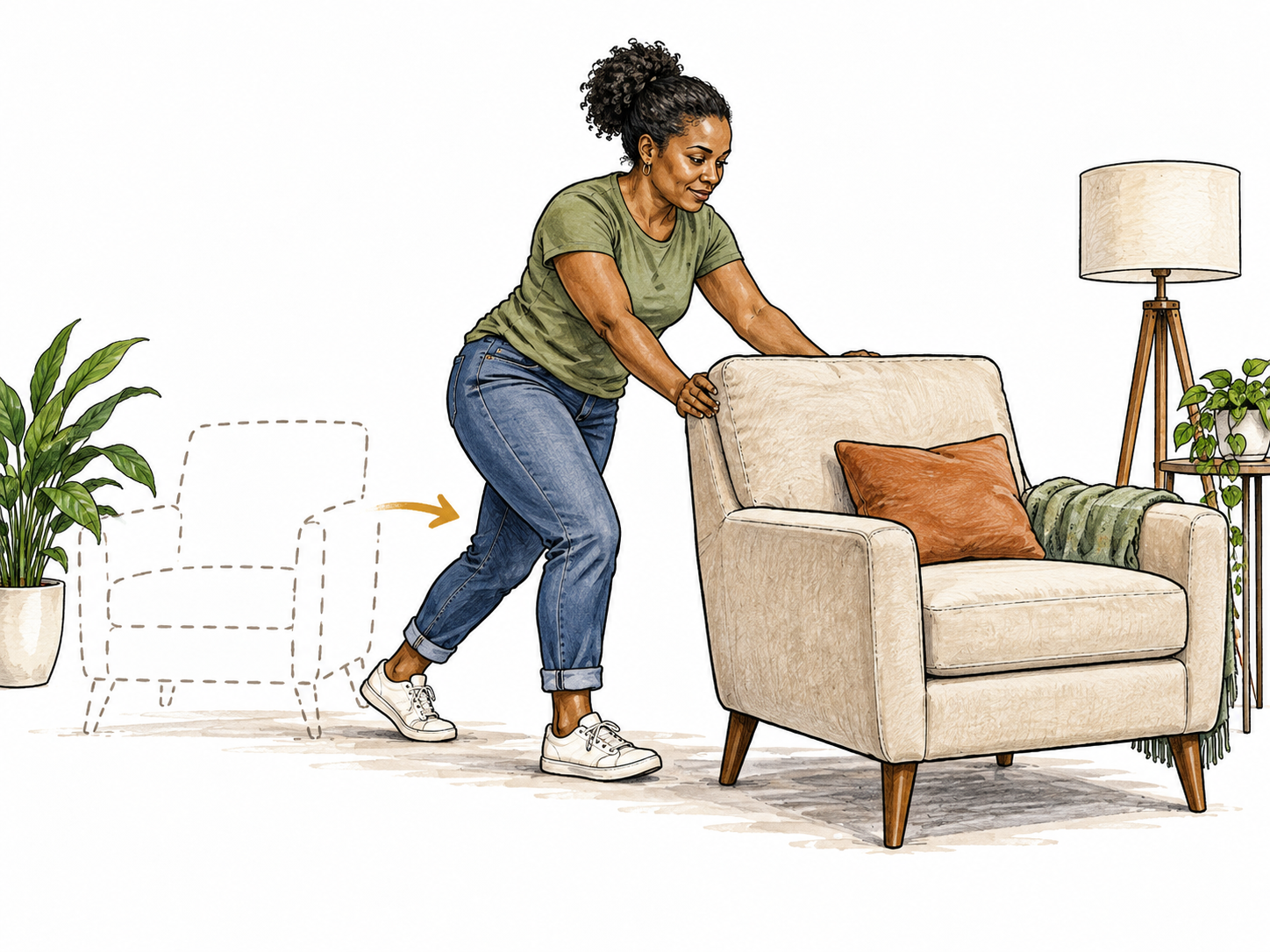 A Black woman slides a heavy armchair from one position to another, its former location suggested by a light dashed outline and one small arrow, modern room without lettering.