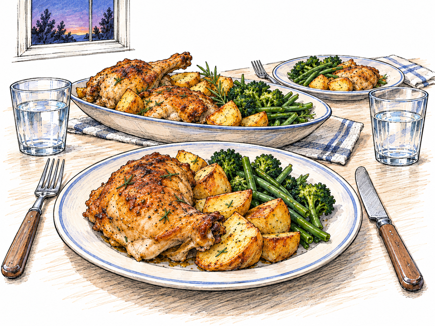A substantial evening meal laid out ready to eat: a plated serving of roast chicken, potatoes and vegetables, with a shared serving platter and a second place setting.