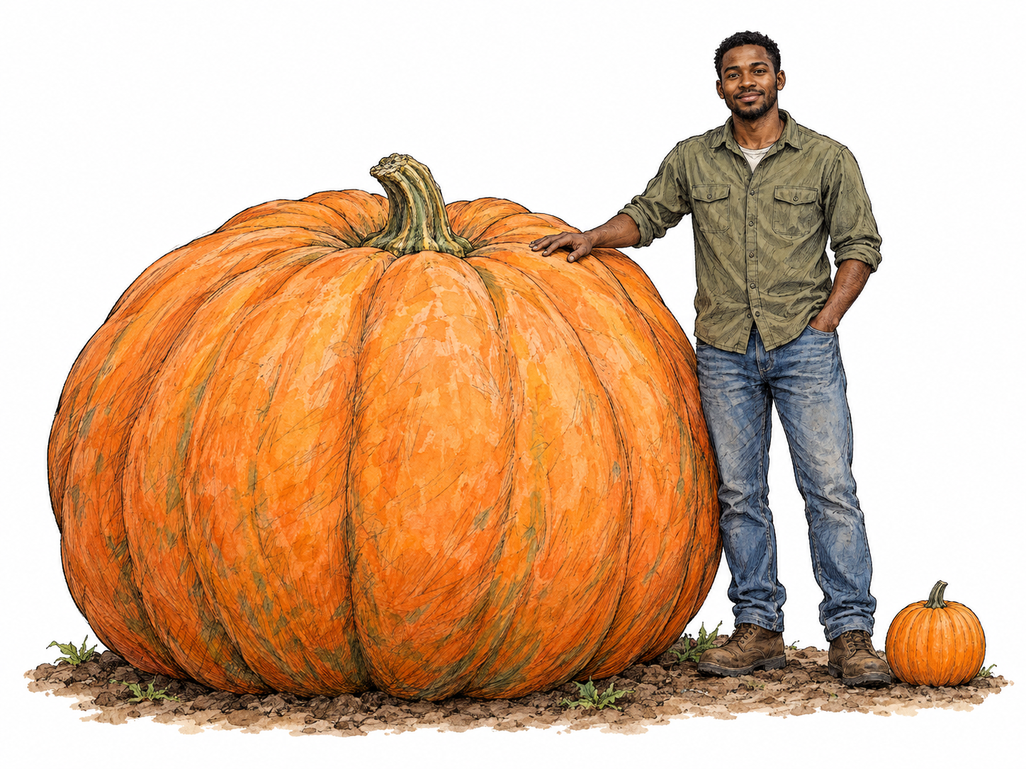 A tremendous pumpkin dwarfs a gardener and an ordinary pumpkin beside it, making its exceptionally great size immediately visible.