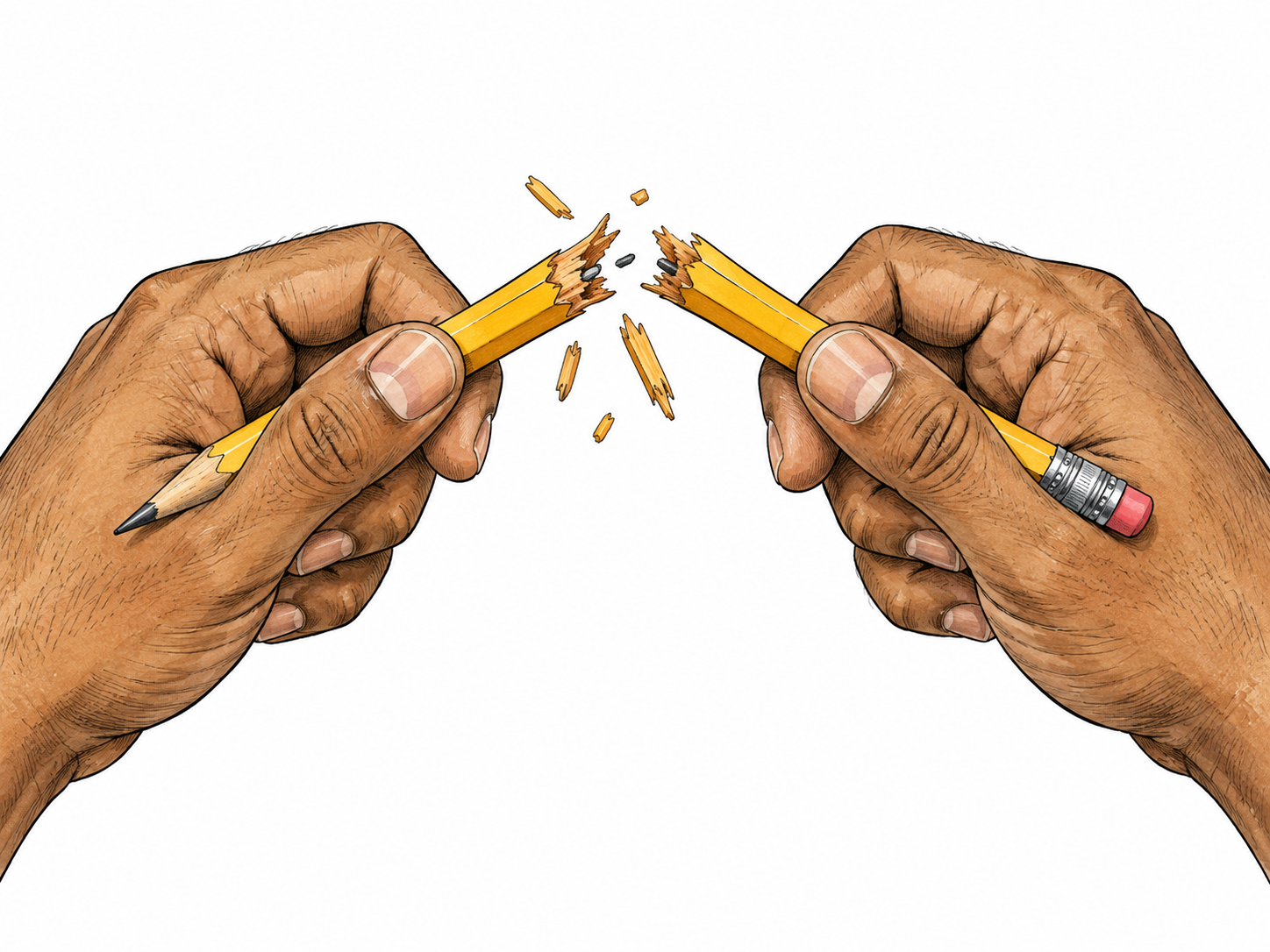 Hands snap a brittle pencil into two separated pieces, with broken wood fibers visible.