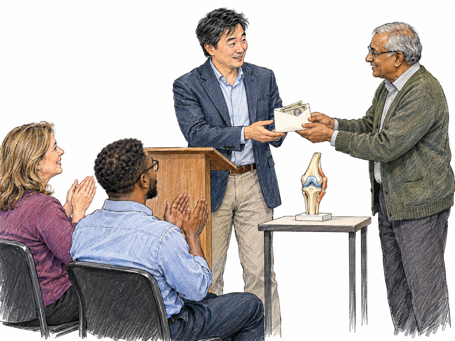 An invited professional speaker receives a modest monetary thank-you from the organizer immediately after a small educational talk.