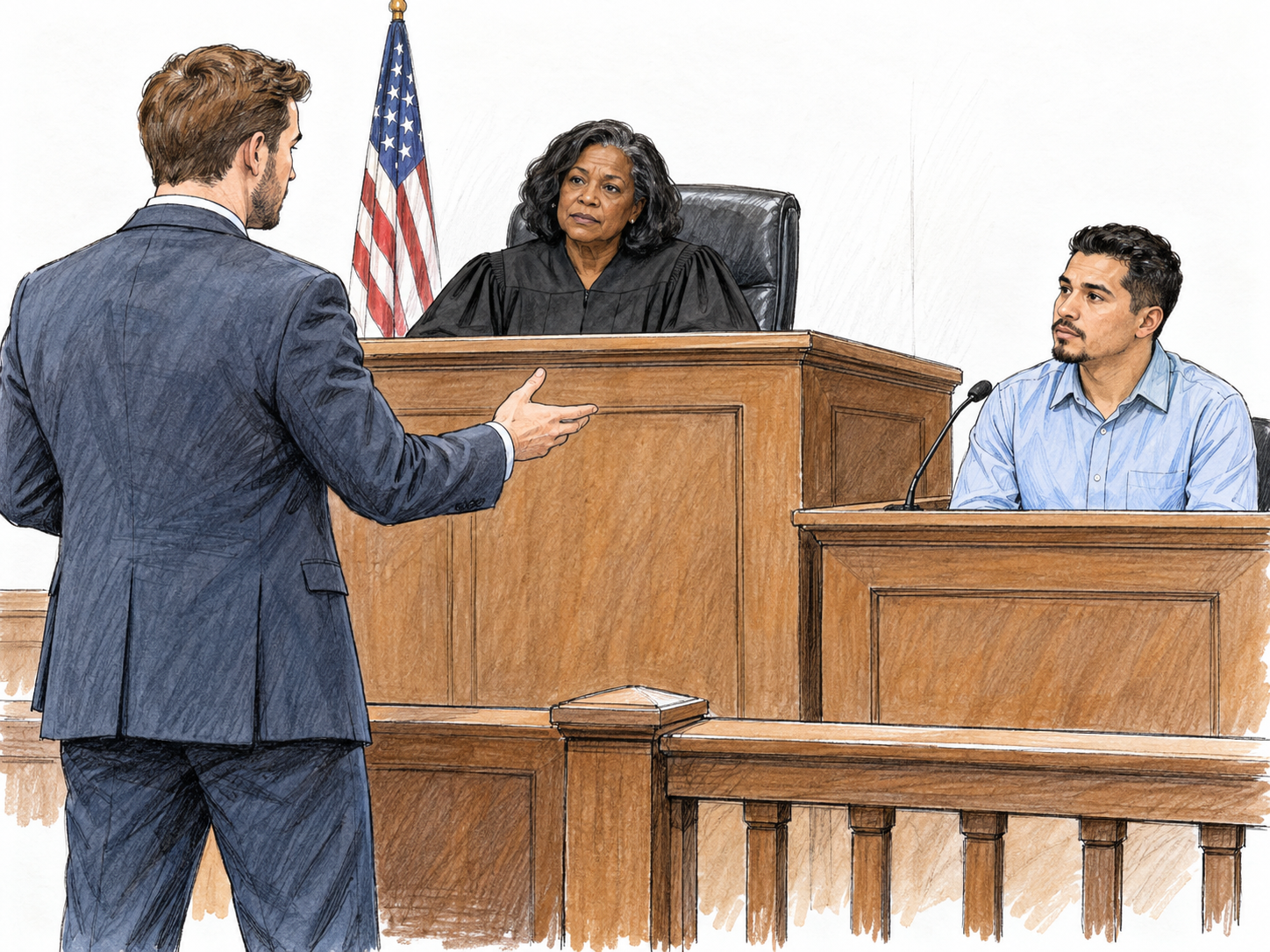 A compact modern courtroom with a robed judge on a raised bench, a witness in the adjacent witness box, and an attorney standing before them.
