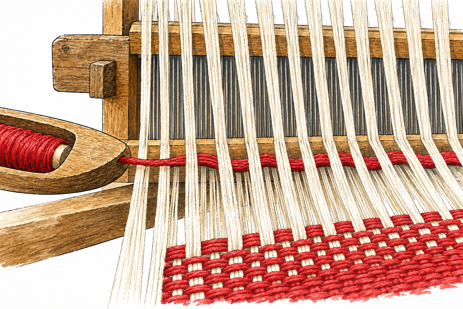 Close view of loom with red horizontal weft thread passing alternately over and under cream vertical warp threads, no labels.
