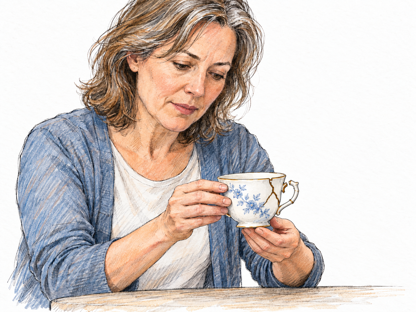 A woman gingerly lifts a cracked porcelain teacup, carefully supporting its base while avoiding the damaged handle.
