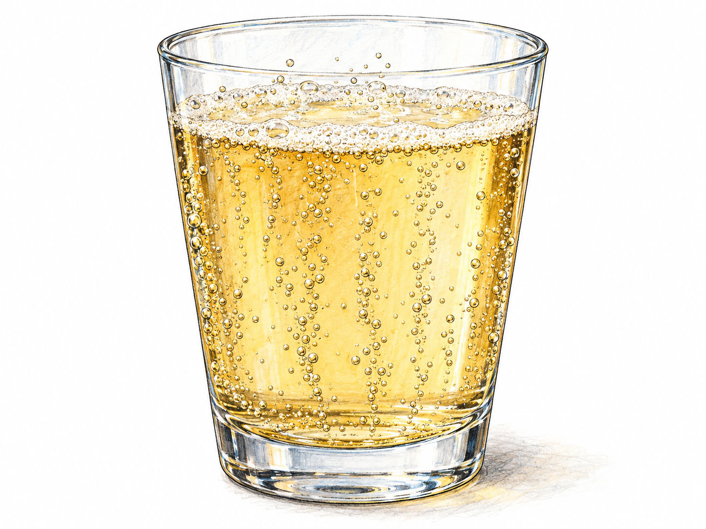 A close view of a clear glass of pale golden carbonated liquid, with numerous tiny gas bubbles rising through it and bursting in a delicate frothy ring at the surface.