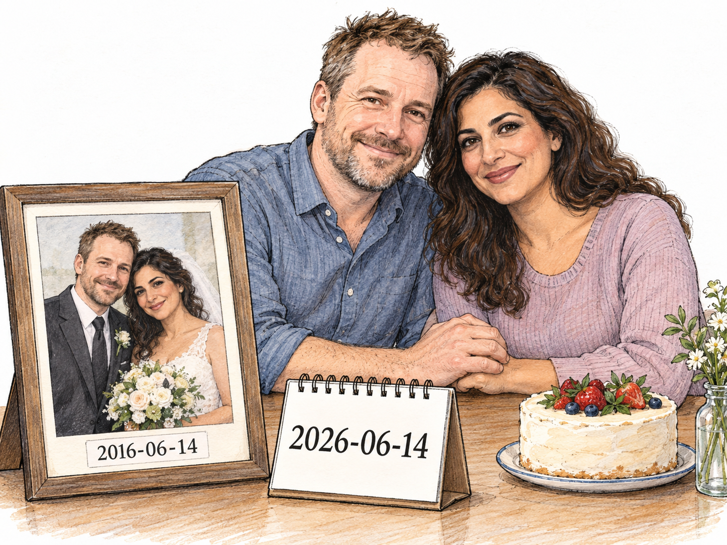 A married couple celebrates beside their dated wedding photograph and a small calendar showing the same month and day ten years later.