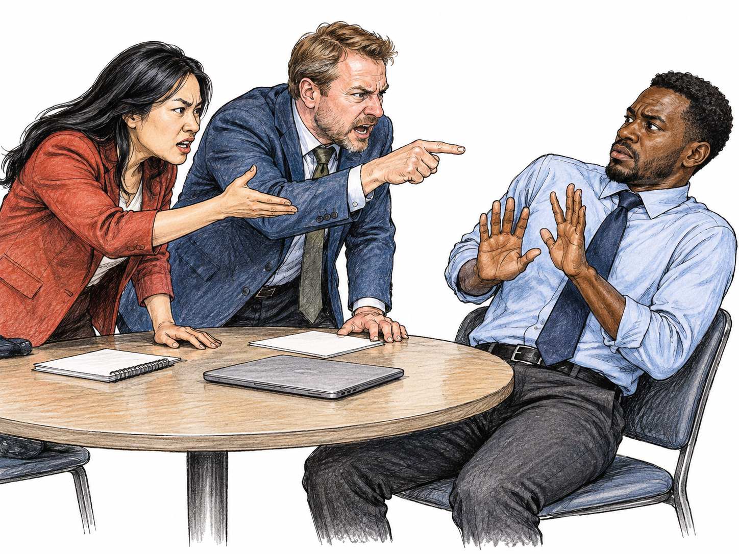 Two angry critics gesture sharply toward a man who recoils from the verbal onslaught, all at a small meeting table; no speech bubbles, insults or text.