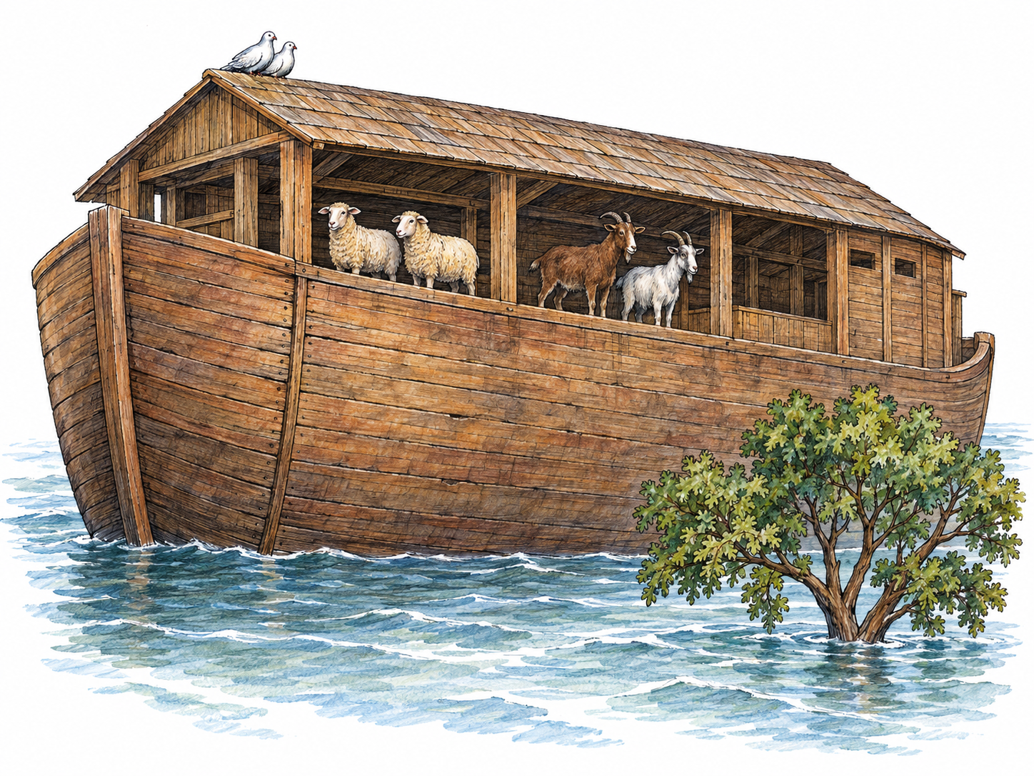 A large, boxlike wooden ark floats above a flooded landscape, visibly sheltering pairs of animals in its raised, roofed enclosure.