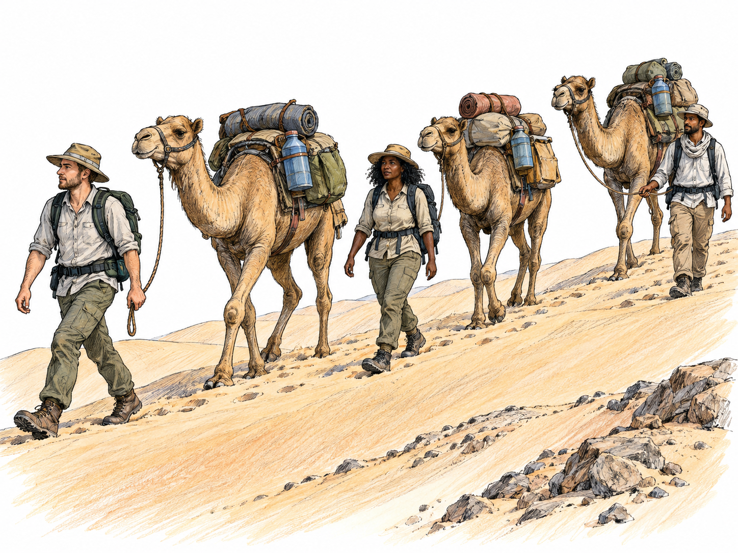 Three travelers and their loaded camels move together in a close single-file caravan across steep desert dunes.