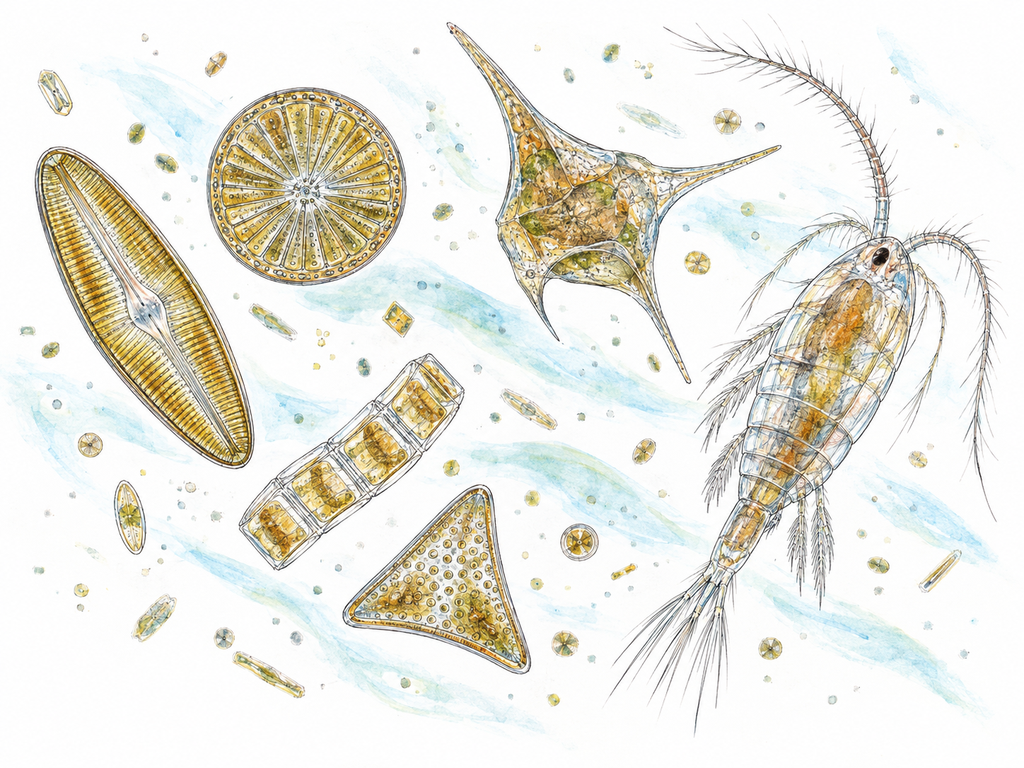 A magnified naturalistic view of diverse microscopic plankton suspended in water: glassy diatoms, a horned dinoflagellate, and a small copepod, loosely carried along the same gentle current.