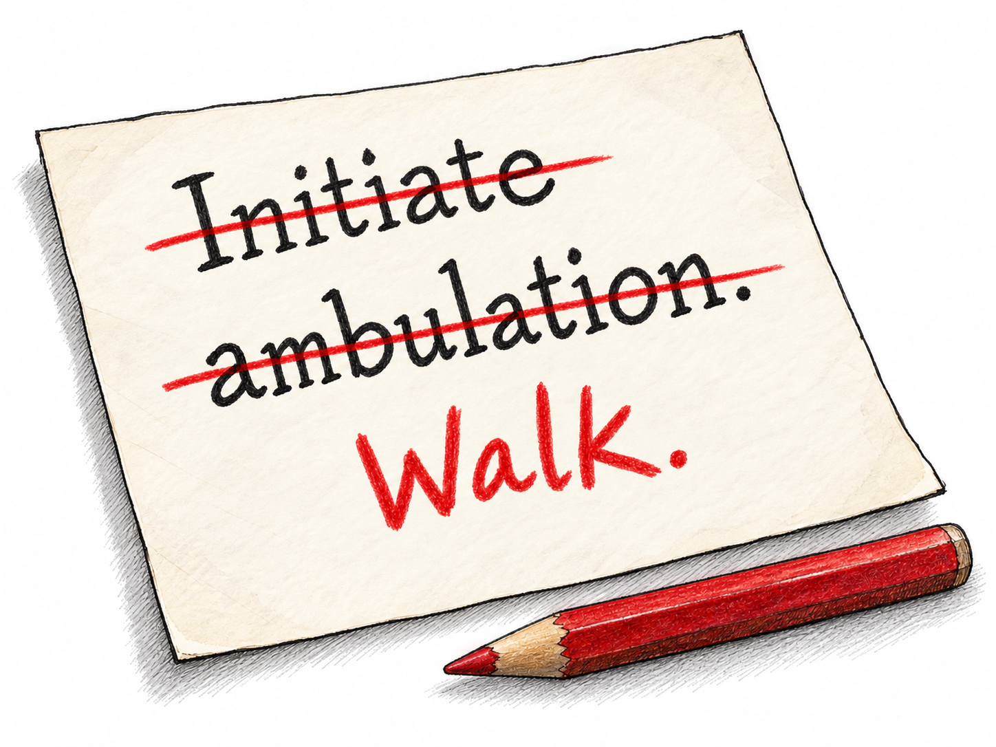 An edited piece of needlessly complicated language: a short draft reading “Initiate ambulation.” is struck through and replaced by the plain word “Walk.” The actual wording, rather than document bulk or tangled diagrams, supplies the meaning.