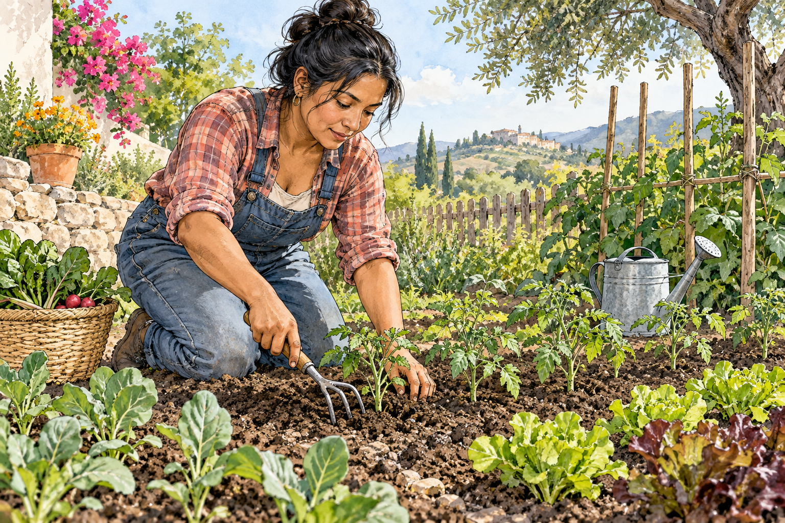 Latina gardener carefully cultivates vegetable bed, loosens soil around young plants with hand tool.