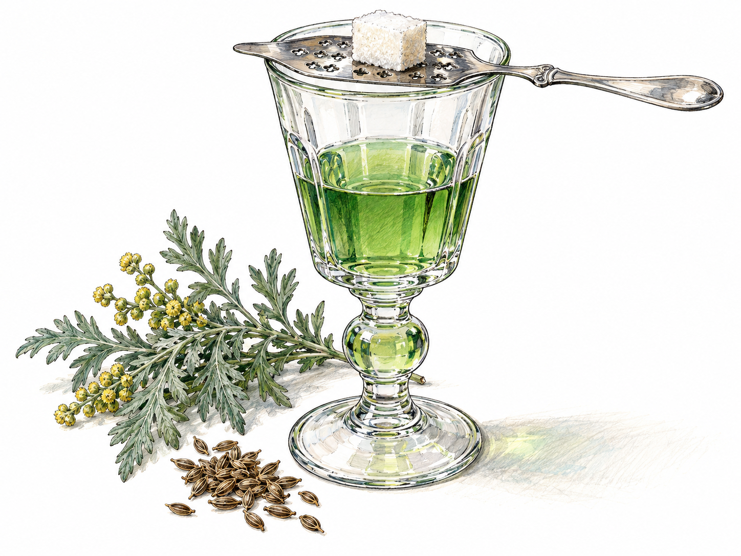 An absinthe still life: a reservoir-style stemmed glass containing clear herbal-green spirit, with a perforated absinthe spoon and sugar cube across its rim, beside recognizable wormwood sprigs and a few anise seeds.