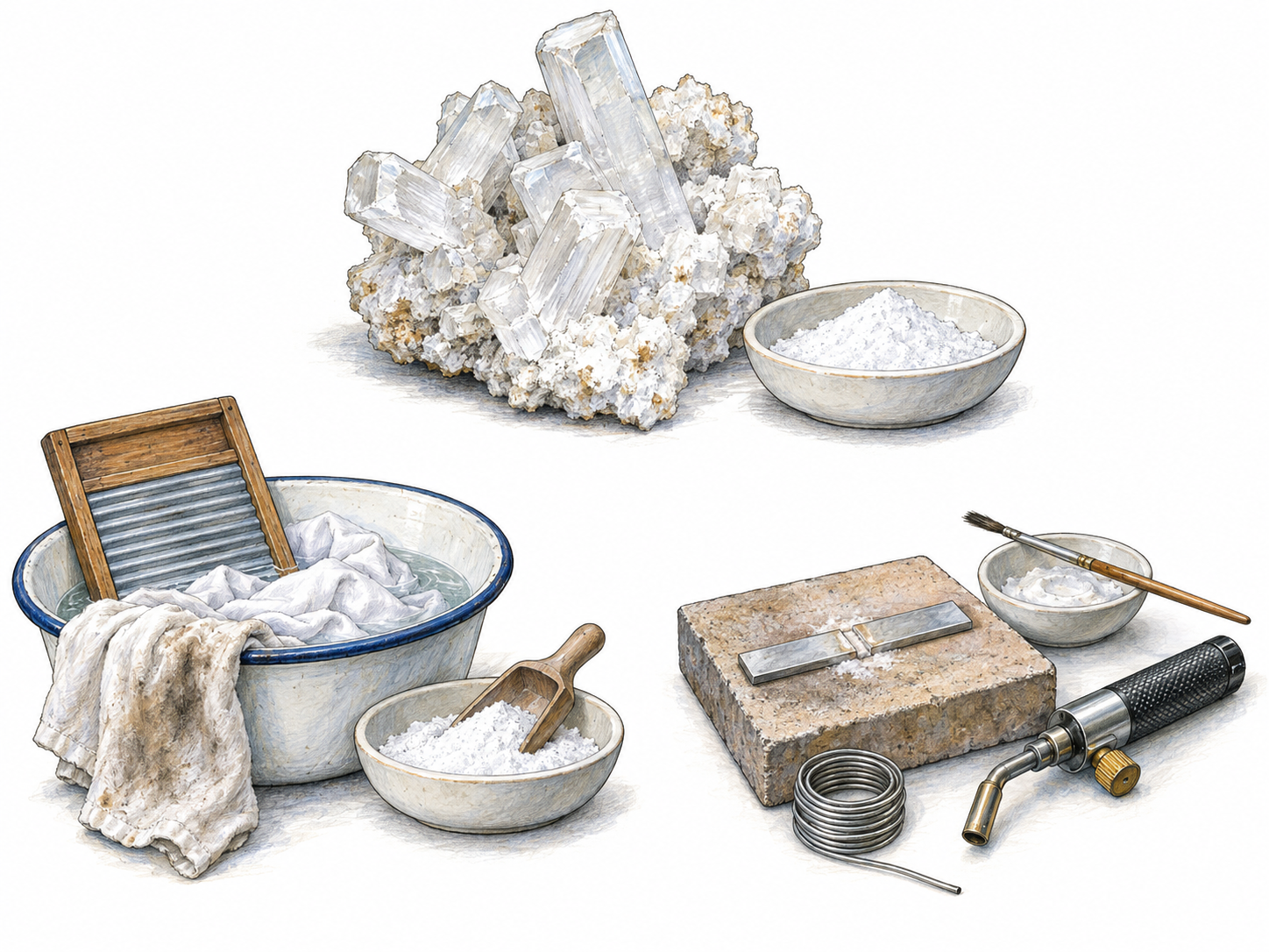 Borax shown as a white crystalline mineral and powder, with two compact application views: laundry soaking and metalworking flux preparation.