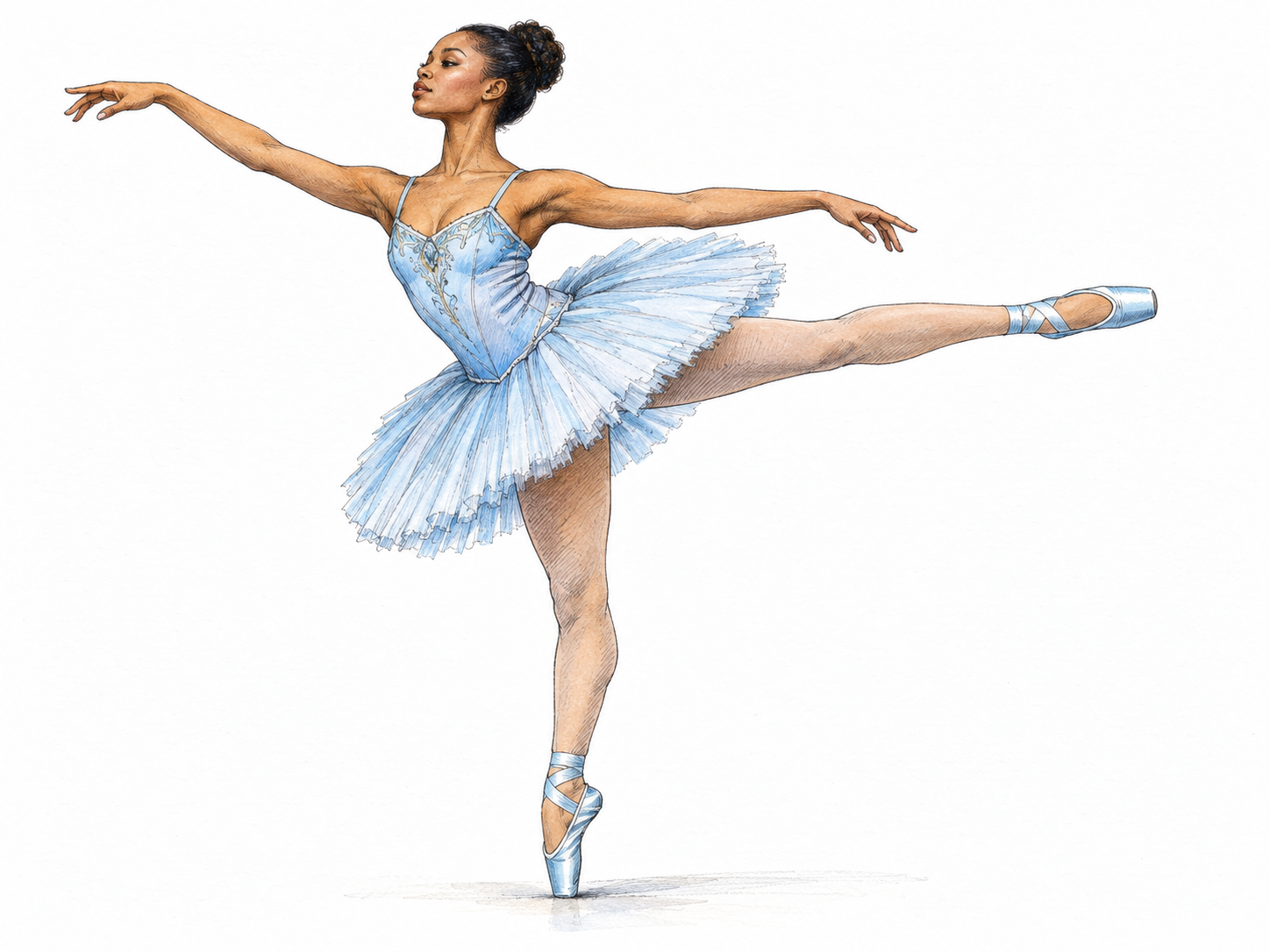A female ballet dancer in a classical tutu and pointe shoes holds a clear, anatomically plausible arabesque en pointe, making her ballet role immediately recognizable.