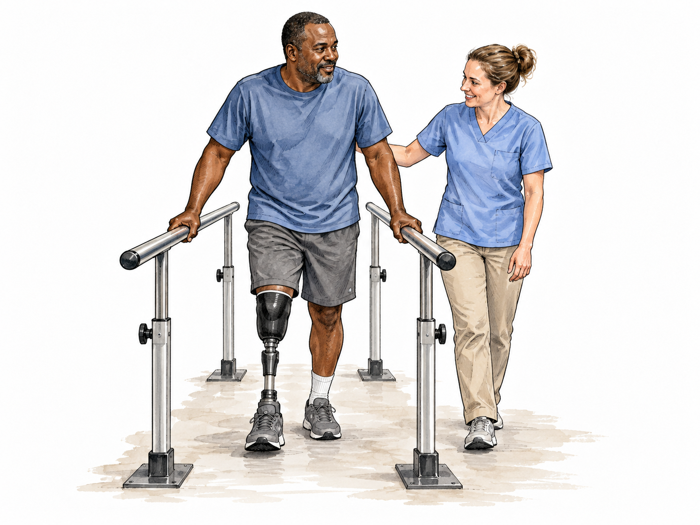 Non-graphic rehabilitation scene after permanent injury: adult with lower-leg prosthesis learns to walk between parallel bars with clinician, acquired lasting bodily damage evident without exposing wounds.