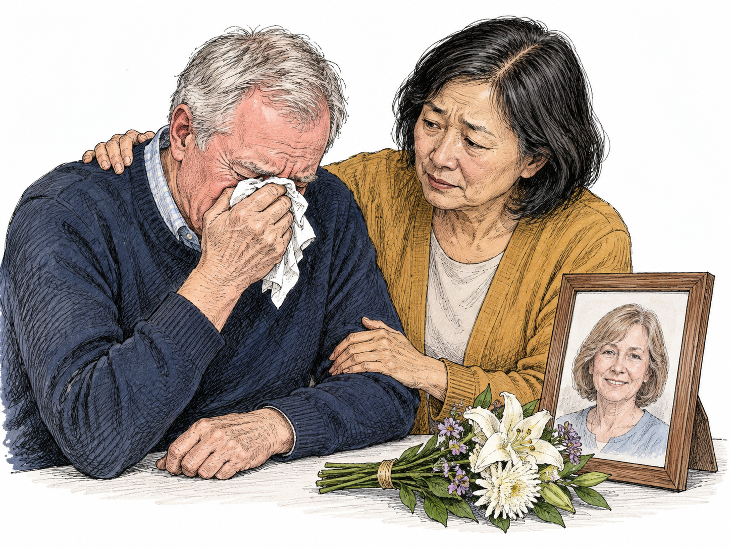 Two adults beside a small framed portrait and a simple bunch of flowers; one visibly weeps into a handkerchief while the other comforts him, making the expression of grief central; no funeral writing.